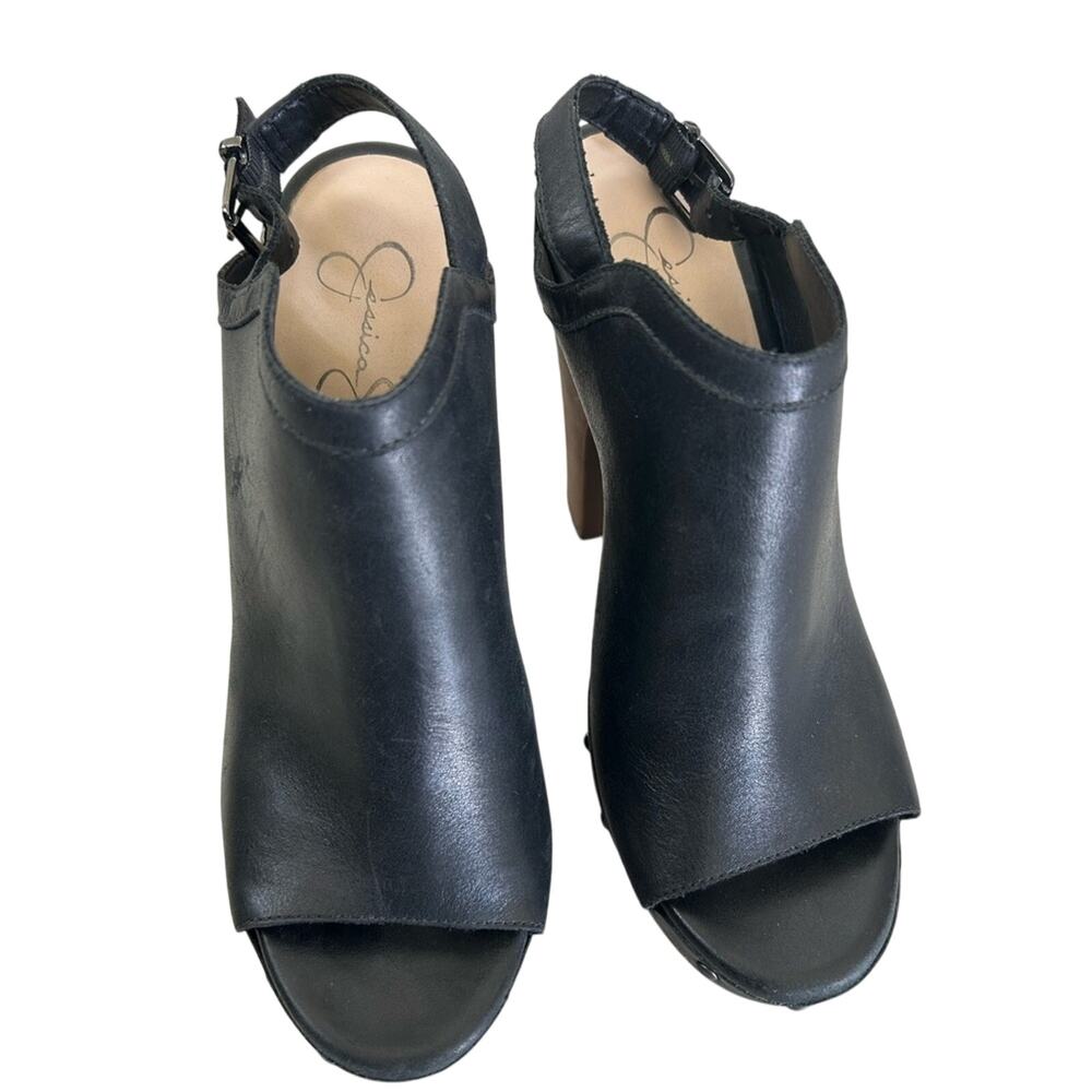 Jessica Simpson Women’s Darian Black Leather Peep Toe Heeled Mules